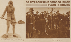 872852 Collage van 2 foto's betreffende de eerste Boomplantdag voor scholieren in de stad Utrecht, met links een ...